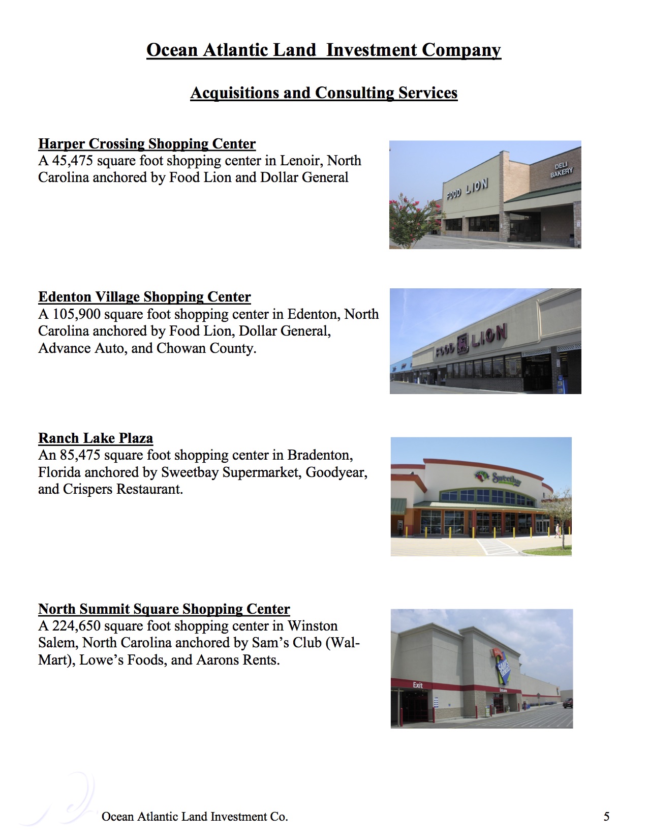 A page of different locations for shopping centers.